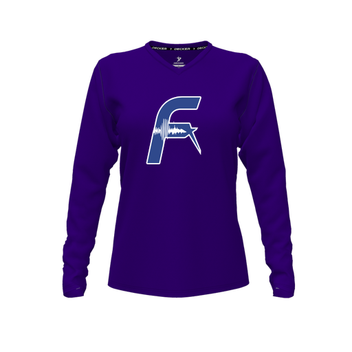 [CUS-DFW-TEES-PER-VNK-LSL-PUR-FYXS-LOGO1] Decker Performance T-Shirt (Female Youth XS, Purple, V Neck, Logo 1, Long Sleeve)